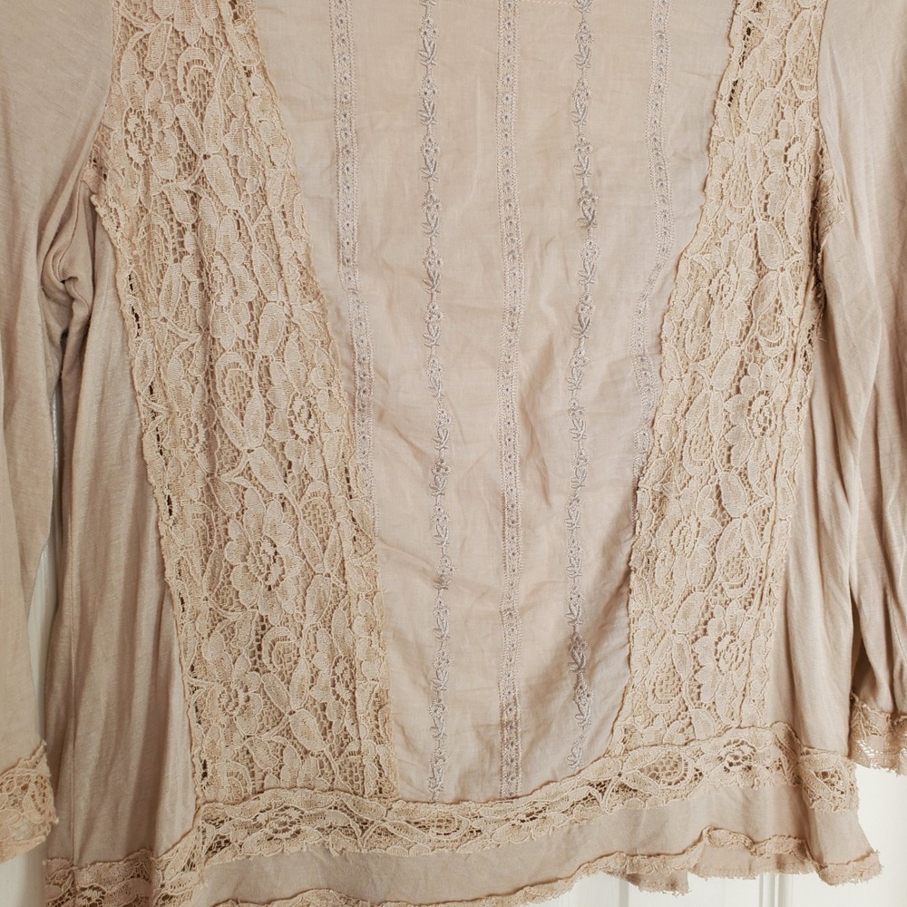 Cable & Gauge Beige Lace Panel Embroidered‎ Long Sleeve Boho Top Womens Medium - Picture 3 of 8